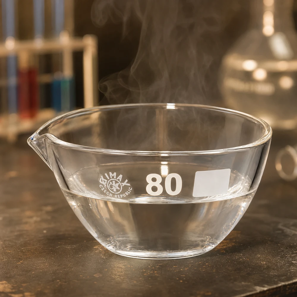 Indampschaal 90ml van borosilicaatglas met schenktuit Compacte borosilicaat laboratoriumschaal van 80 mm met schenktuit voor nauwkeurig werken in het laboratorium