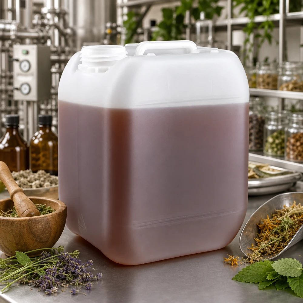 5l jerrycan, UN-toelating, zonder schroefsluiting Canister van 5 liter zonder dop, gevuld met plantenextract in een professioneel kruidenatelier