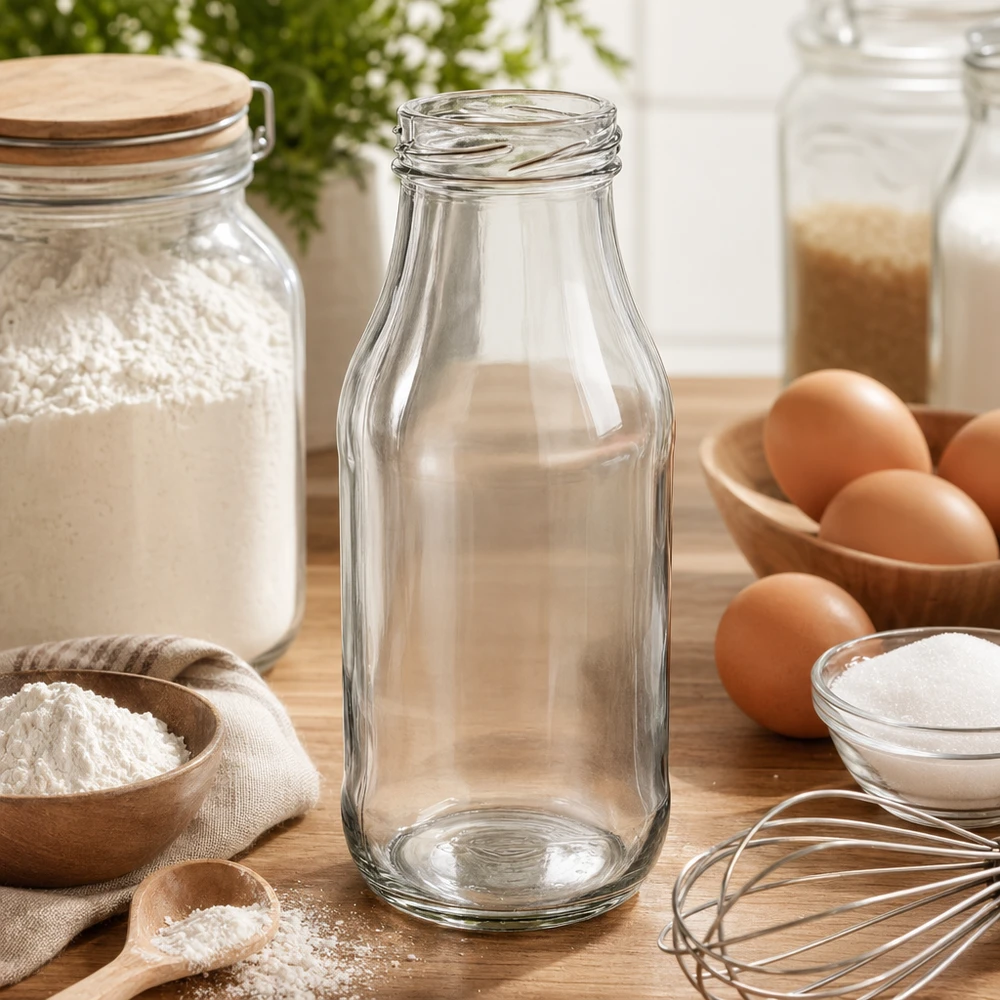 Lege UNiTWIST glazen fles 263ml TO43 op houten tafel met bakingrediënten bloem eieren en keukengerei