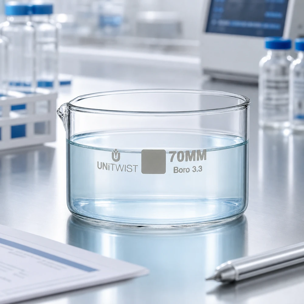 Lage cilindrische laboratoriumschaal UNiTWIST 70 mm van chemisch bestendig borosilicaatglas 3.3