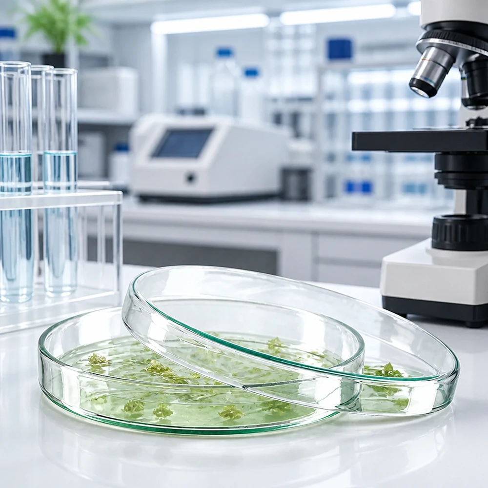 Vlakke, ronde petrischalen van glas, 120 x 20 mm, voor botanische microscopie met groene weefselmonsters