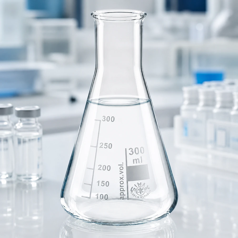Erlenmeyer 300ml nauwe hals borosilicaat met afgeronde rand Erlenmeyer 300ml nauwe hals borosilicaat met afgeronde rand