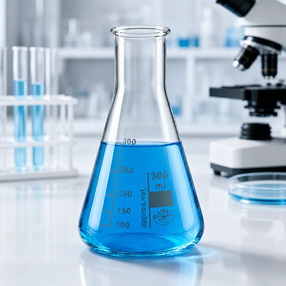 Erlenmeyer 300ml nauwe hals borosilicaat met afgeronde rand Erlenmeyer 300ml nauwe hals borosilicaat met afgeronde rand