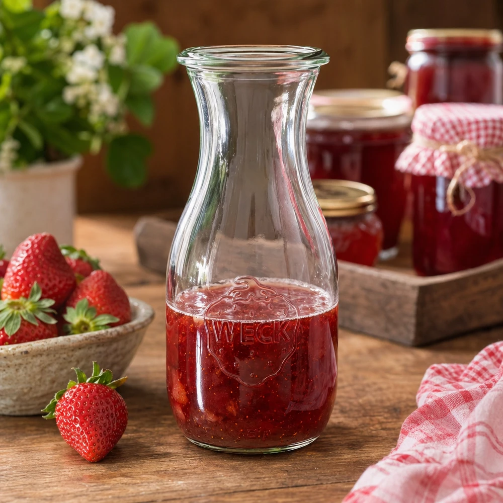 WECK RR60 sapfles van 530 ml WECK sapfles 530ml RR60 gevuld met aardbeiensap naast jampotten en geblokte keukenhanddoek rustiek gedecoreerd