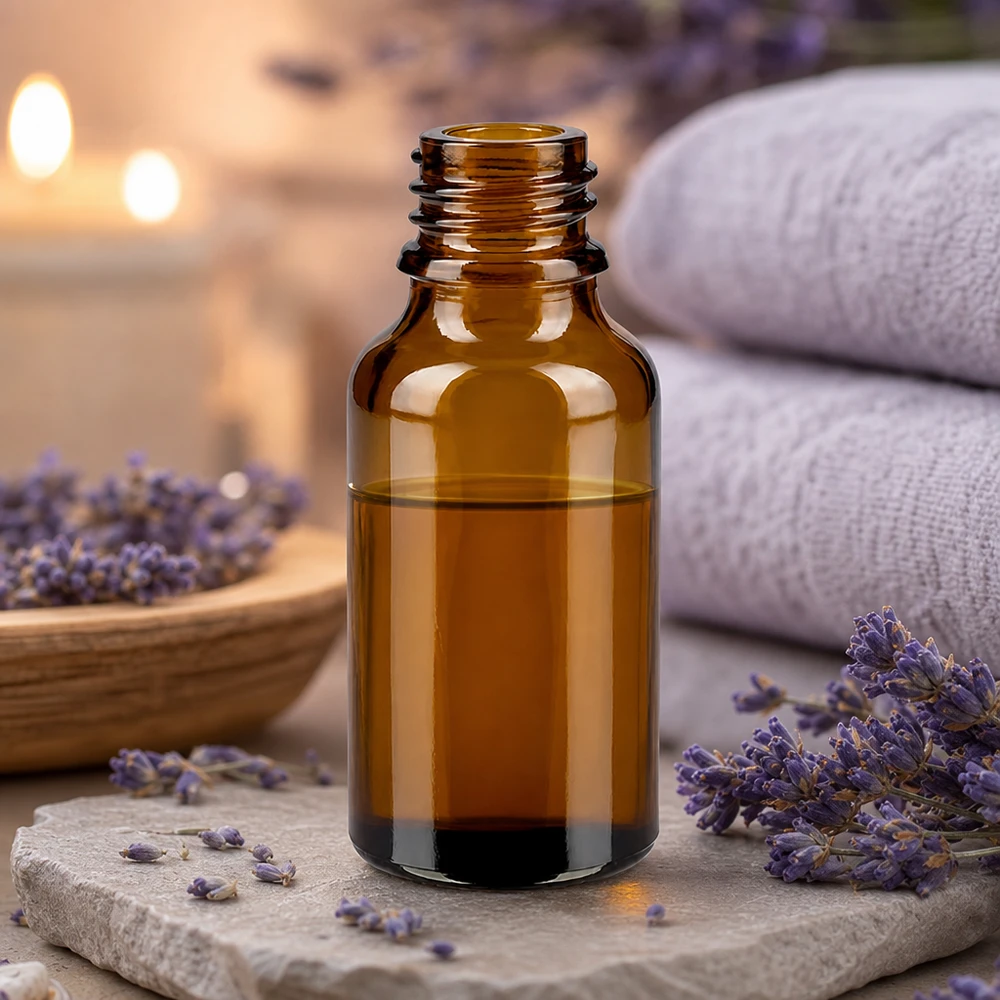 30ml bruine apothekersfles ApoGlas 30ml bruine glazen fles ApoGlas met lavendel en witte handdoeken in een ontspannende spa-sfeer met kaarsen