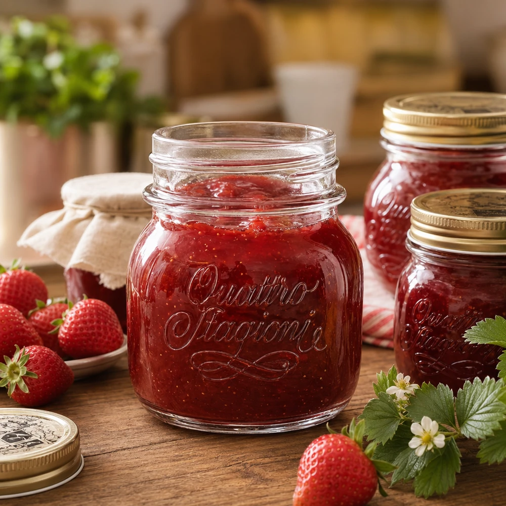 150ml huishoudglas "Quattro Stagioni" Quattro Stagioni huishoudpotje van 150 ml gevuld met aardbeienjam naast verse aardbeien op houten tafel