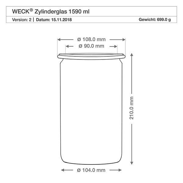 Technische tekening WECK cilinderpot 1590ml RR100 met maten en afmetingen voor houten kogelsluiting