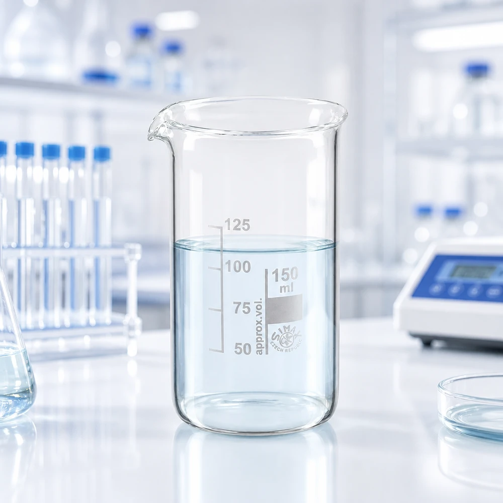 Bekerglas 150ml van hittebestendig borosilicaatglas (hoog model) Gegradueerd bekerglas, hoge vorm, 150 ml, met een waterige oplossing op een wit laboratoriumtafelblad
