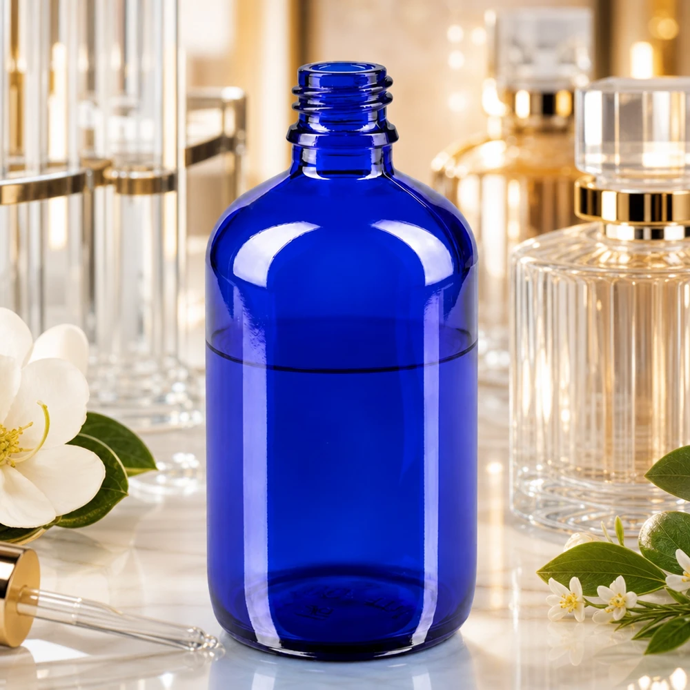 Blauwe glazen fles 100ml Dikwandige blauwe glazen fles 100ml ApoGlas met robuuste kwaliteit voor continu gebruik