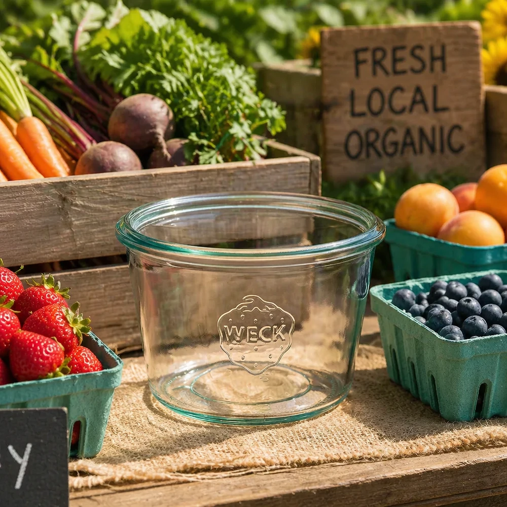 370ml stortglas WECK RR100 WECK bekers 370ml RR100 op een houten tafel met vers biologisch fruit aardbeien bosbessen en groenten