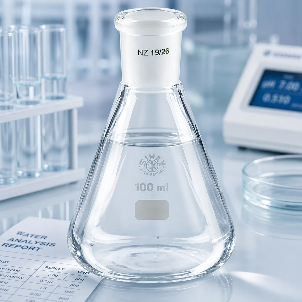 Erlenmeyer 100ml nauwe hals borosilicaat met slijpstuk 19/26 Erlenmeyer 100ml nauwe hals borosilicaat met slijpstuk 19/26