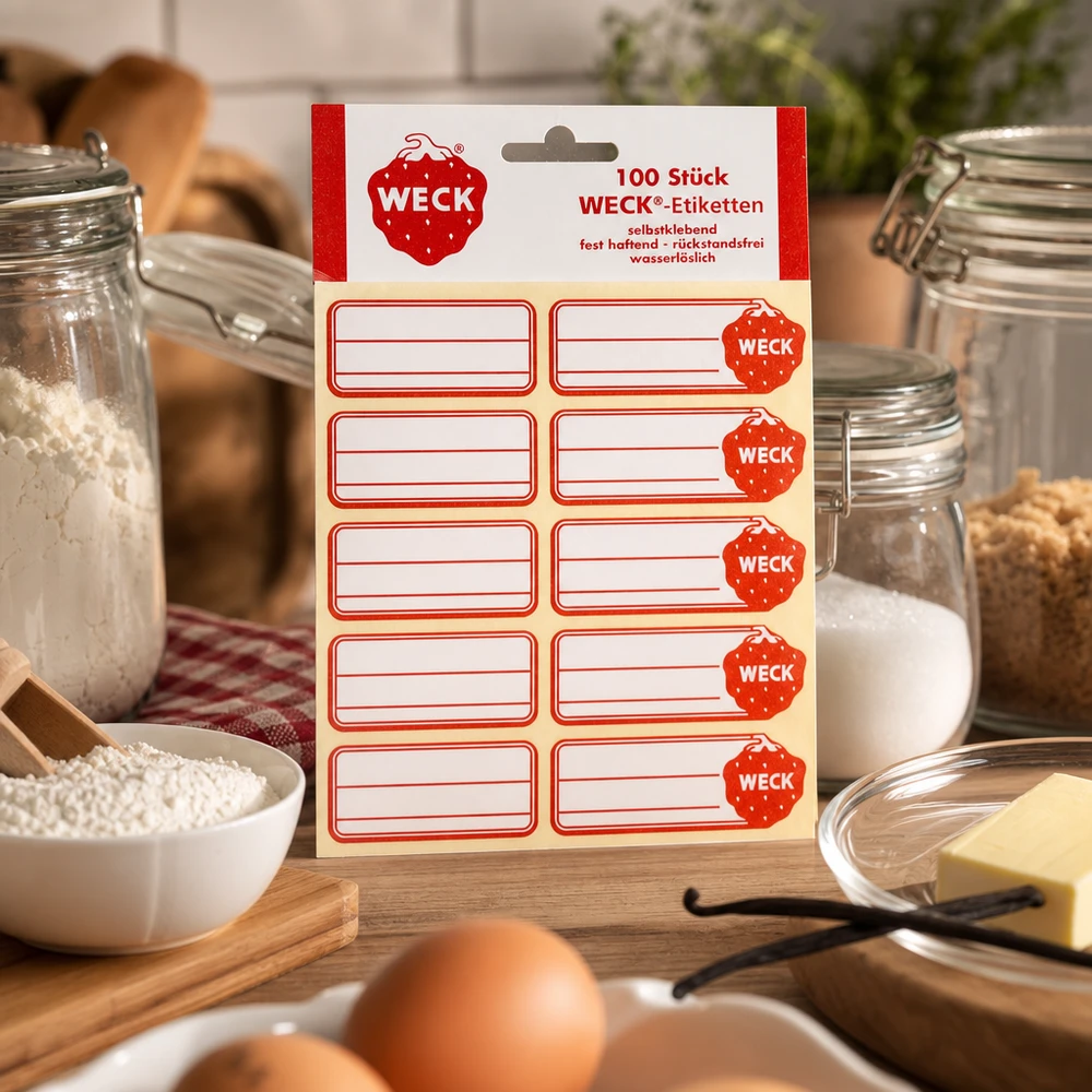 WECK-etiketten 19 x 13 mm (verpakking(en) van 100 stuks) WECK etiketten pakket van 100 rode stickers in keuken met voorraadpotten eieren boter ontbijtgranen bakingrediënten
