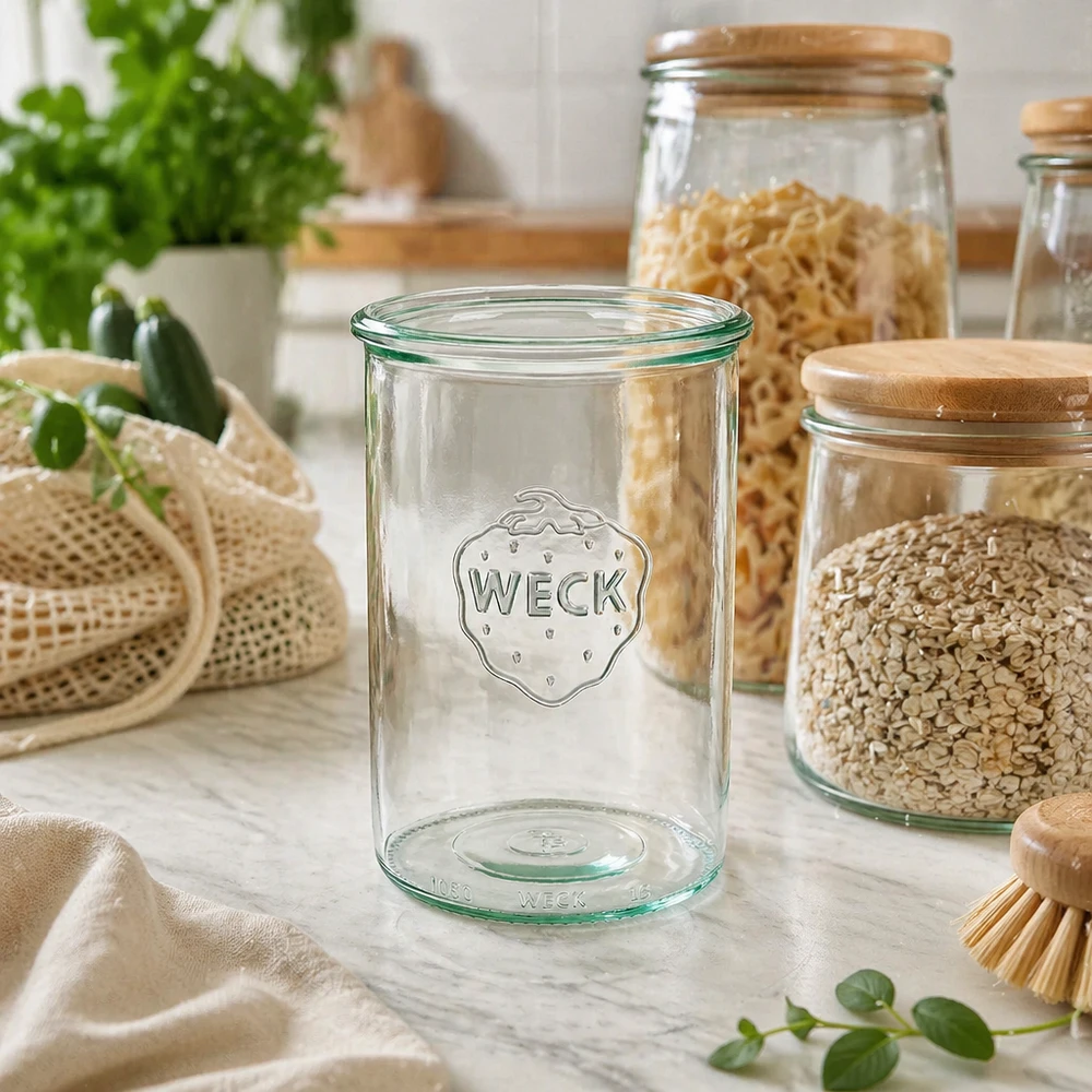 WECK RR100-pot van 1000 ml WECK 1000ml RR100 glazen voorraadpot met logo in duurzame keuken met voorraadpotten en biologisch voedsel