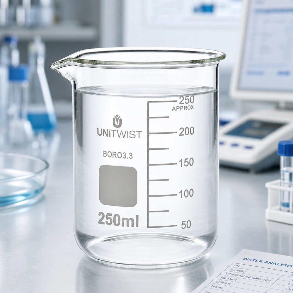 UNiTWIST laboratoriumbeker van glas, 250 ml, laag model, met ingebrande schaalverdeling en opschriftruimte