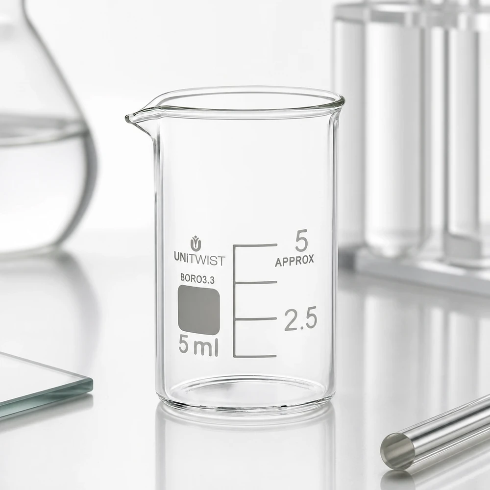 Beker 5ml borosilicaat, lage vorm UNiTWIST Kleinste UNiTWIST-bekerglas van 5 ml, cilindrische, lage vorm, gemaakt van zuurbestendig borosilicaatglas