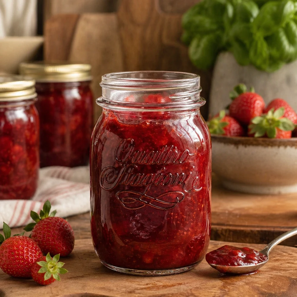 500ml huishoudglas "Quattro Stagioni" 500 ml Quattro Stagioni huishoudpot gevuld met aardbeienjam op een houten tafel met verse aardbeien