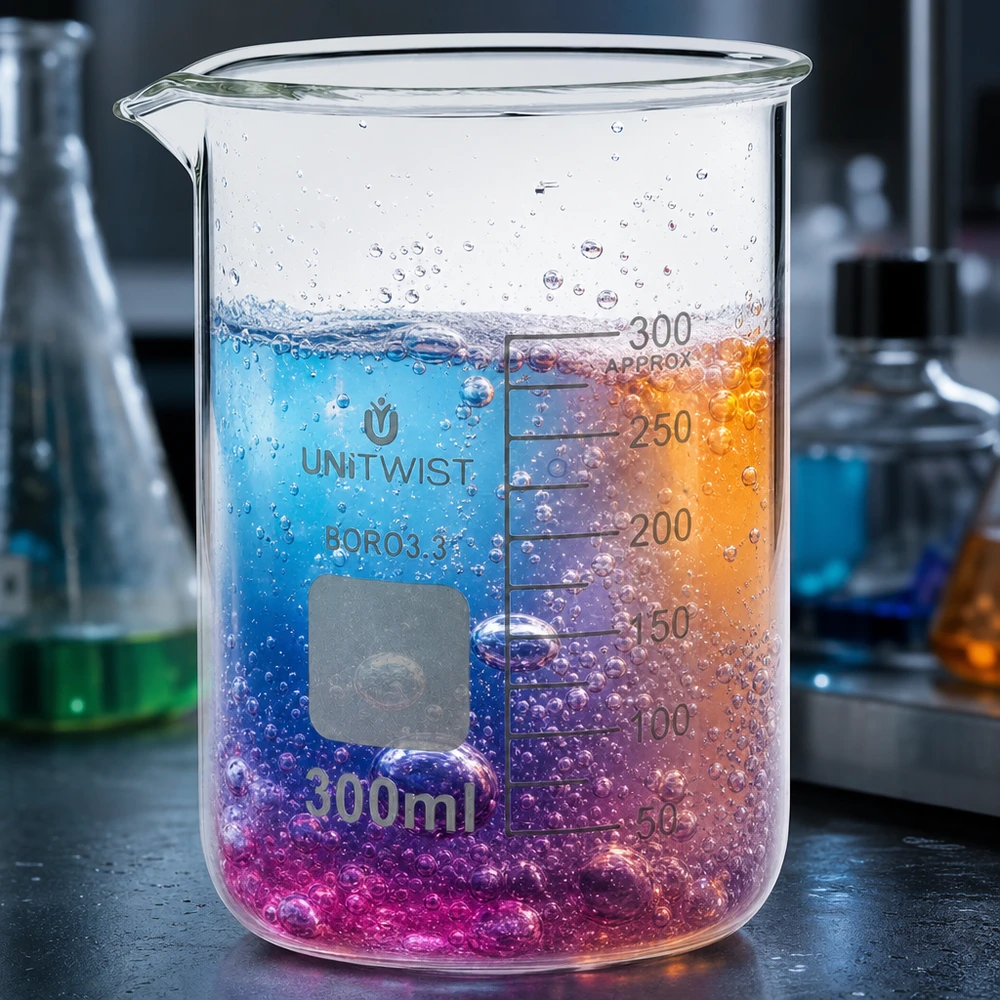 Hoogwaardig bekerglas van 300 ml, laag model, met bruisende veelkleurige vloeistof in het laboratorium
