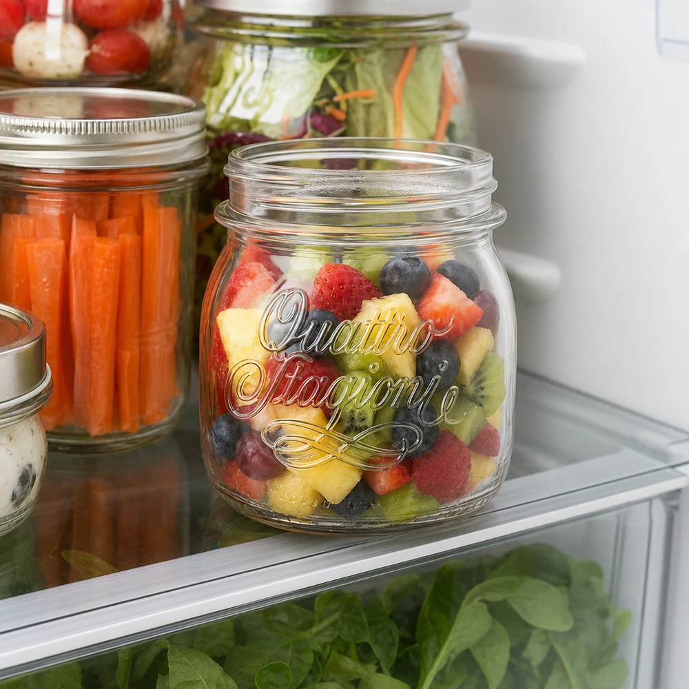 250ml huishoudglas "Quattro Stagioni" 250ml Quattro Stagioni Einmachglas mit buntem Obstsalat im Kühlschrank - perfekt für Meal Prep und Vorratshaltung