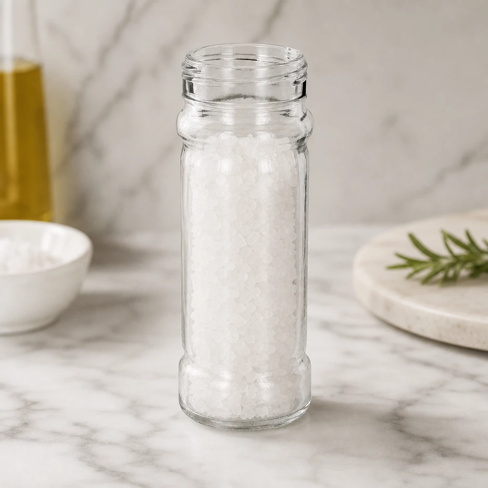 Mary-flesje van helder glas, 100 ml, met schroefdraad van 41 mm, gevuld met witte zoutkorrels – detailbeeld