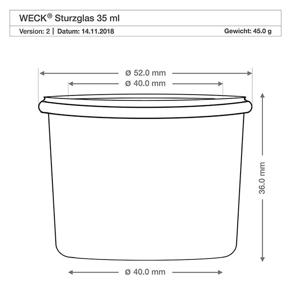 WECK RR40-pot van 35 ml Technische tekening WECK glazen pot 35ml RR40 met afmetingen, diameter 40mm en 52mm, hoogte 36mm, gewicht 45g