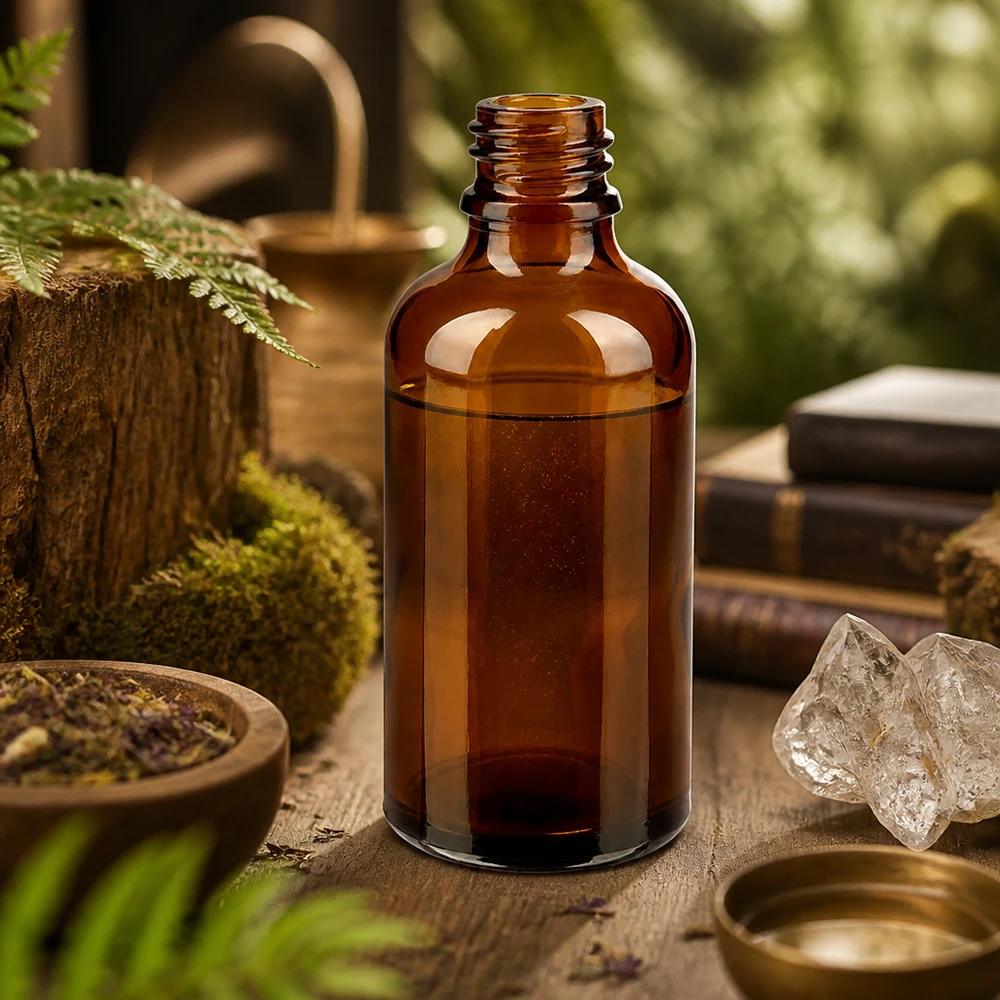 Bruine glazen fles 50ml 50ml bruine ApoGlas apothekersfles met natuurlijk kruidenextract tussen moskristallen en antieke boeken