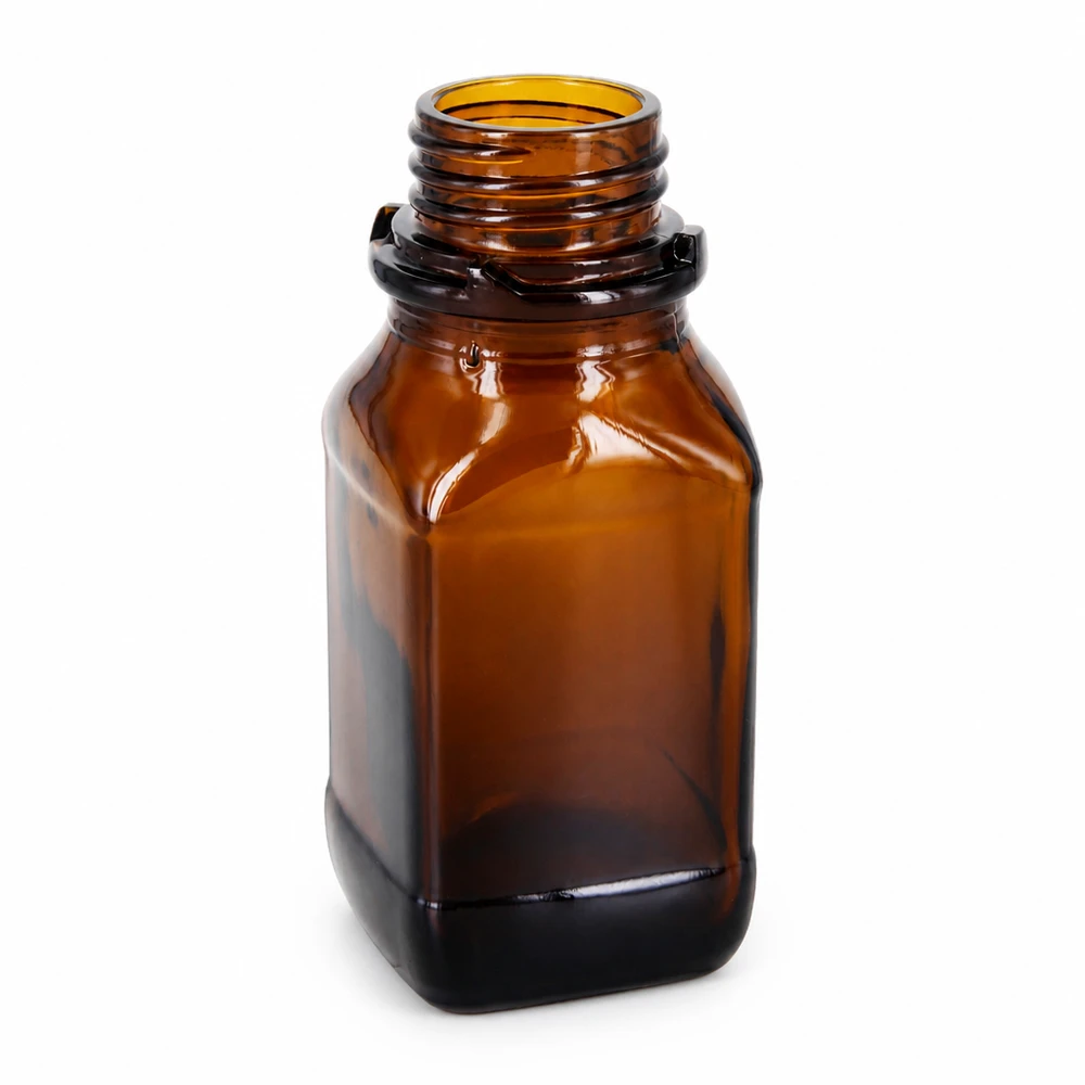 100 ml vierkante fles met wijde hals bruin glas met DIN 32 krans 100 ml vierkante fles met wijde hals bruin glas met DIN 32 krans