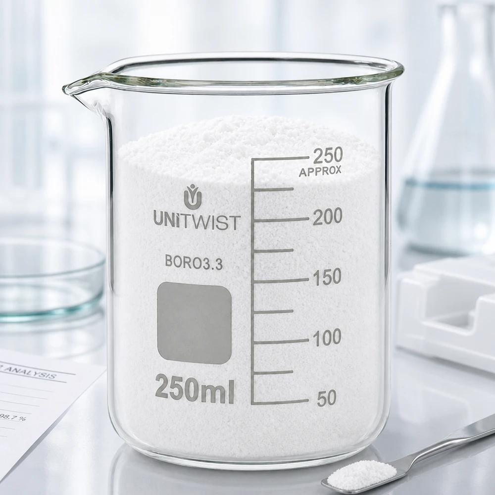 Laboratoriumglas 250 ml, lage vorm, borosilicaat 3.3, met wit poeder en laboratoriumbenodigdheden