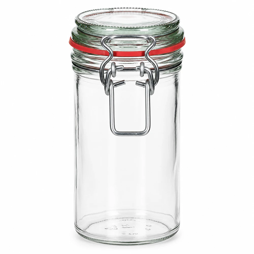 272 ml voorraadpot type G met beugelsluiting UN.. 272ml voorraadpot met draaidop en rode rubberen afdichting, transparante inmaakpot voor voedsel