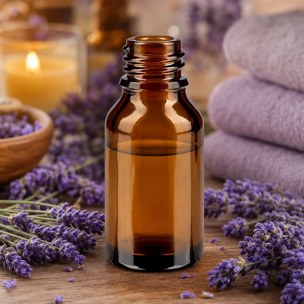 Bruine glazen fles 15ml 15ml bruin apothekersflesje ApoGlas met lavendelbloemen en handdoeken in een ontspannende spa-sfeer