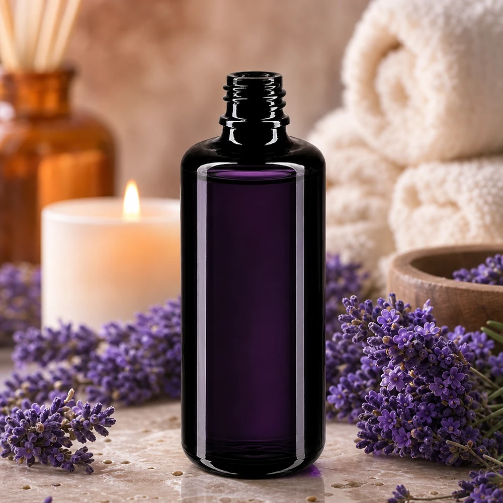Violetglas fles 100ml DIN 18 (Mironglas) Violet glazen druppelflesje Orion 100ml inhoud ideaal voor kleine hoeveelheden olie van hoge kwaliteit
