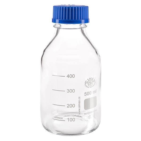500 ml laboratoriumfles met schroefdraad + blauwe dop + ring 500 ml laboratoriumfles met schroefdraad + blauwe dop + ring