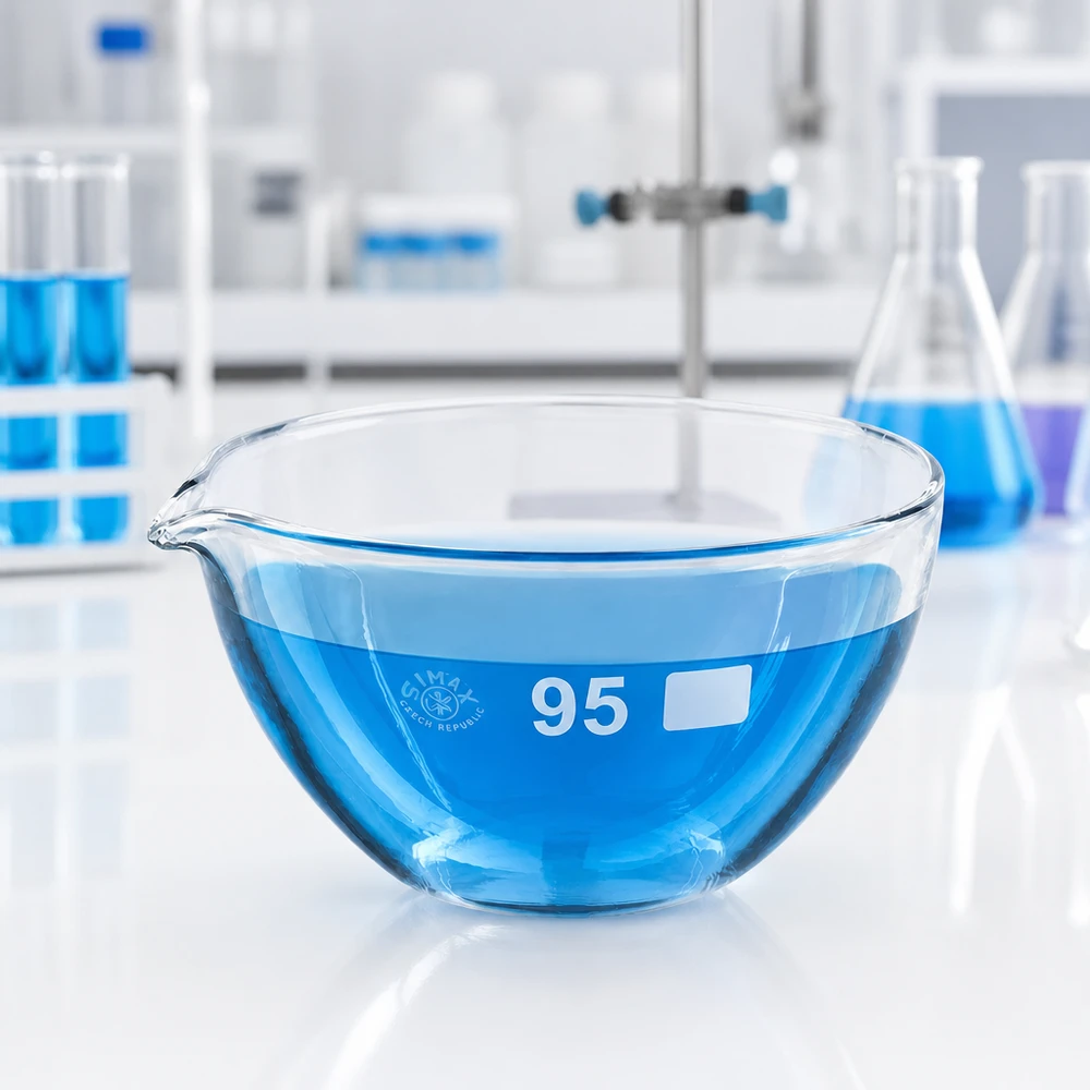 Indampschaal 170ml van borosilicaatglas met schenktuit Dikwandige glazen kom met een diameter van 95 mm en schenktuit voor het veilig hanteren van hete oplossingen