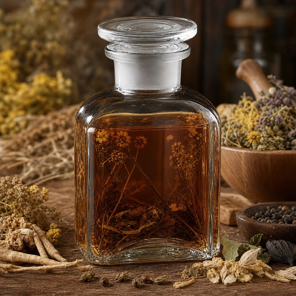Vierkant-apothekersfles 150 ml wijde hals helder glas incl. glazen stop Bruine kruidentinctuur in een doorzichtige vierkante fles van 150 ml met een ronde glazen stop en een brede hals