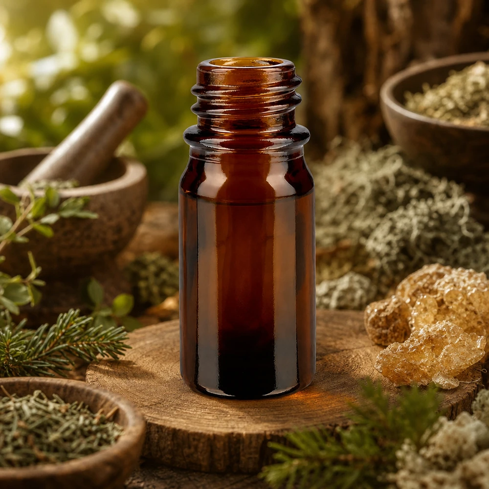 Bruine glazen fles 5ml 5ml bruin apothekersflesje ApoGlas op boomstam met natuurlijke kristallen kruiden en vijzel in bossfeer