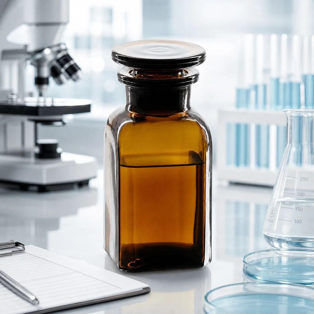 Vierkant-apothekersfles 100 ml wijde hals bruin glas incl. glazen stop Kleine bruine, rechthoekige fles van 100 ml met een geslepen glazen stop voor farmaceutisch gebruik