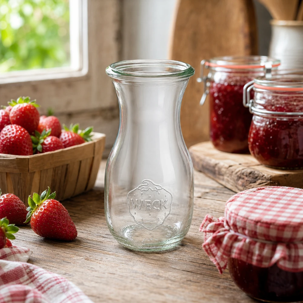 WECK RR60 sapfles van 290 ml WECK sapfles 290ml RR60 in een rustieke keuken met verse aardbeien en zelfgemaakte jam