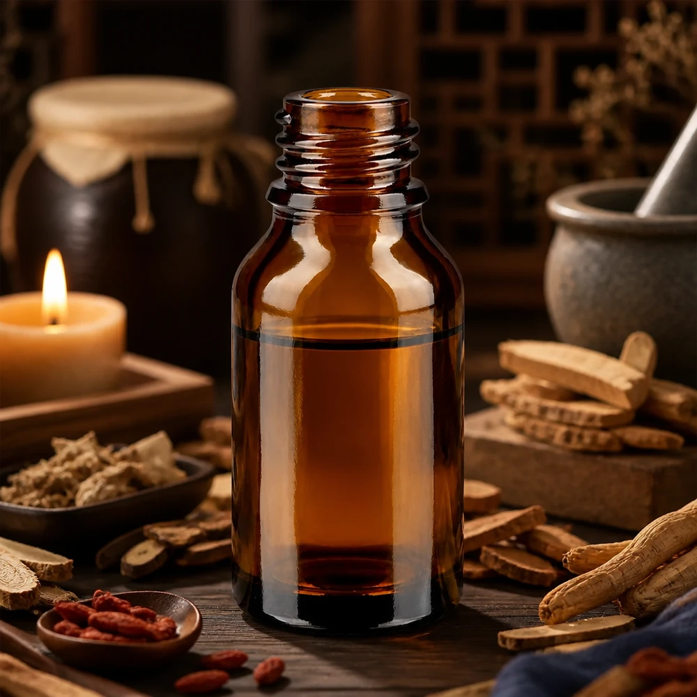 Bruine glazen fles 15ml 15ml bruin apothekersflesje ApoGlas met ginseng wortels kruiden en kaars in traditionele helende omgeving