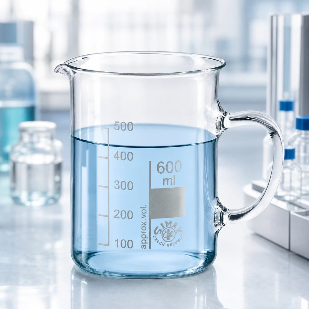 Bekerglas 600 ml van hittebestendig borosilicaatglas met handvat Cilindrische laboratoriumbeker van 600 ml met een glazen handvat aan de zijkant en een geëtste volumeschaal