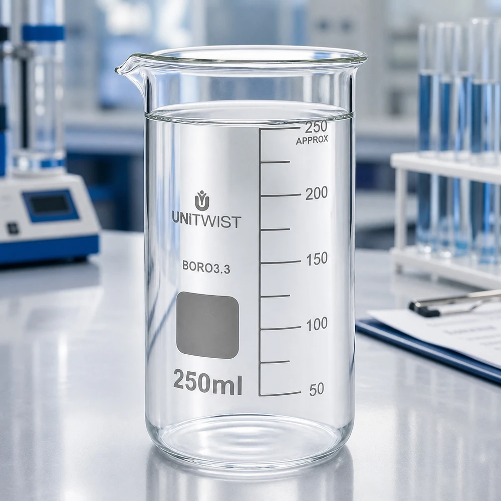 Beker 250ml borosilicaat, hoge vorm UNITWIST Bekerglas zonder handvat, 250 ml, hoog model, borosilicaatglas met schaalverdeling van 50 tot 250 ml, UNITWIST