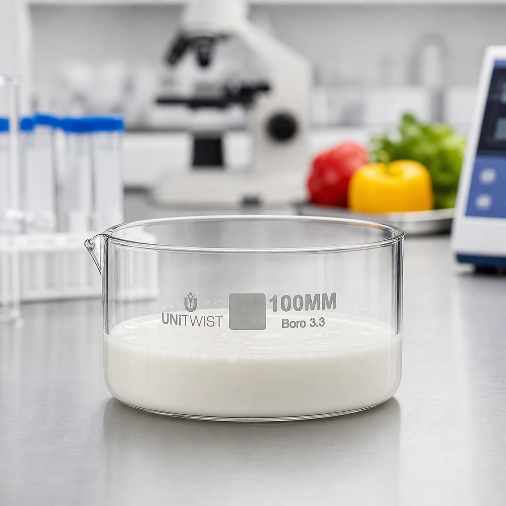 UNiTWIST laboratoriumglas kristallisatieschaal 100 mm Boro 3.3 voedselonderzoek groenten achtergrond