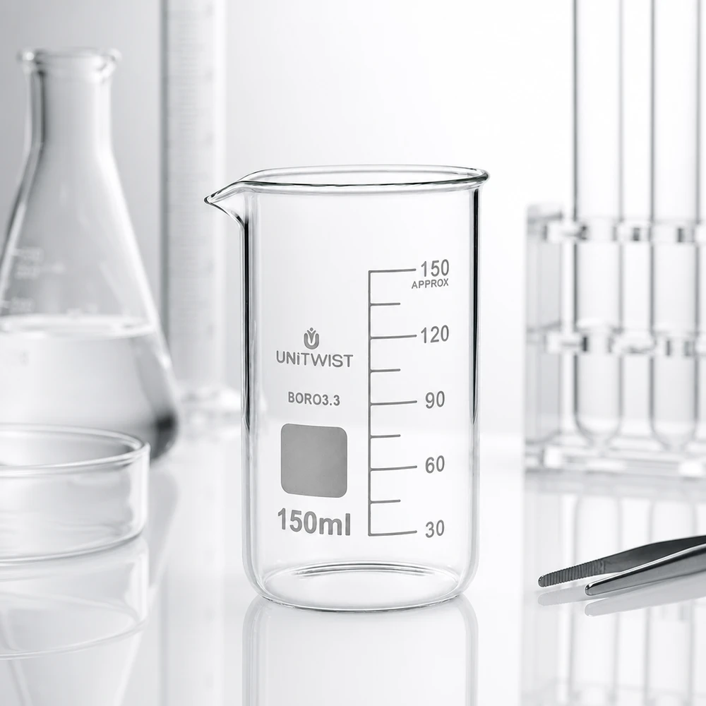 Beker 150ml borosilicaat, hoge vorm UNITWIST Productfoto UNITWIST bekerglas 150 ml, borosilicaatglas, hoge vorm met ml-schaalverdeling tot ca. 150