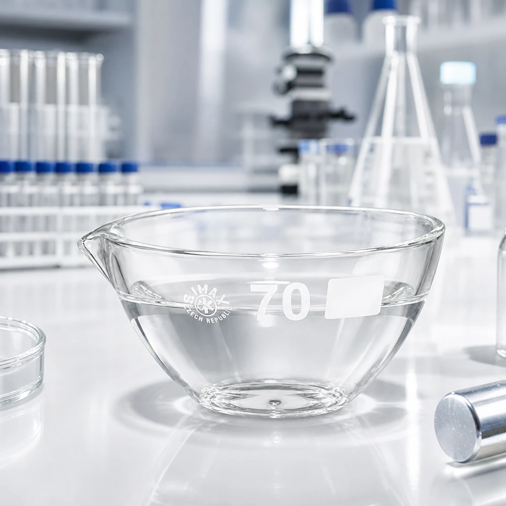 Indampschaal 60ml van borosilicaatglas met schenktuit Ergonomisch laboratoriumschaaltje 60ml met praktische tuit van breukvast borosilicaatglas ø70mm