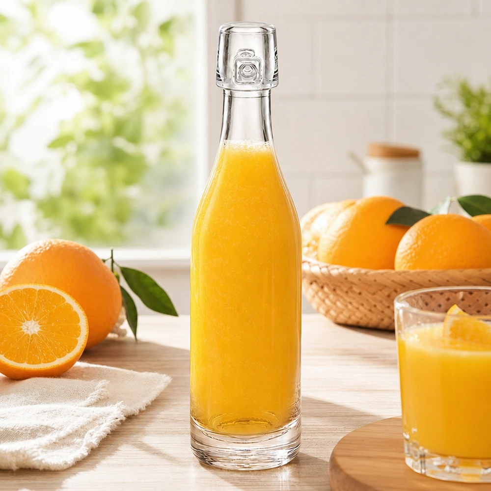 50 ml glazen fles zonder UNiTWIST mechanische sluiting 50ml glazen fles UNiTWIST gevuld met sinaasappelsap tussen verse sinaasappels helder keukenraamverlichting