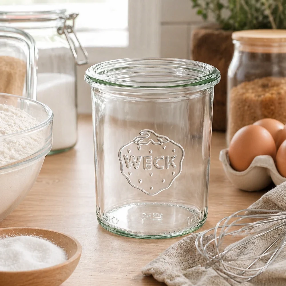 160ml WECK RR60 helder glazen pot met logo in een moderne keuken naast eieren en bakingrediënten