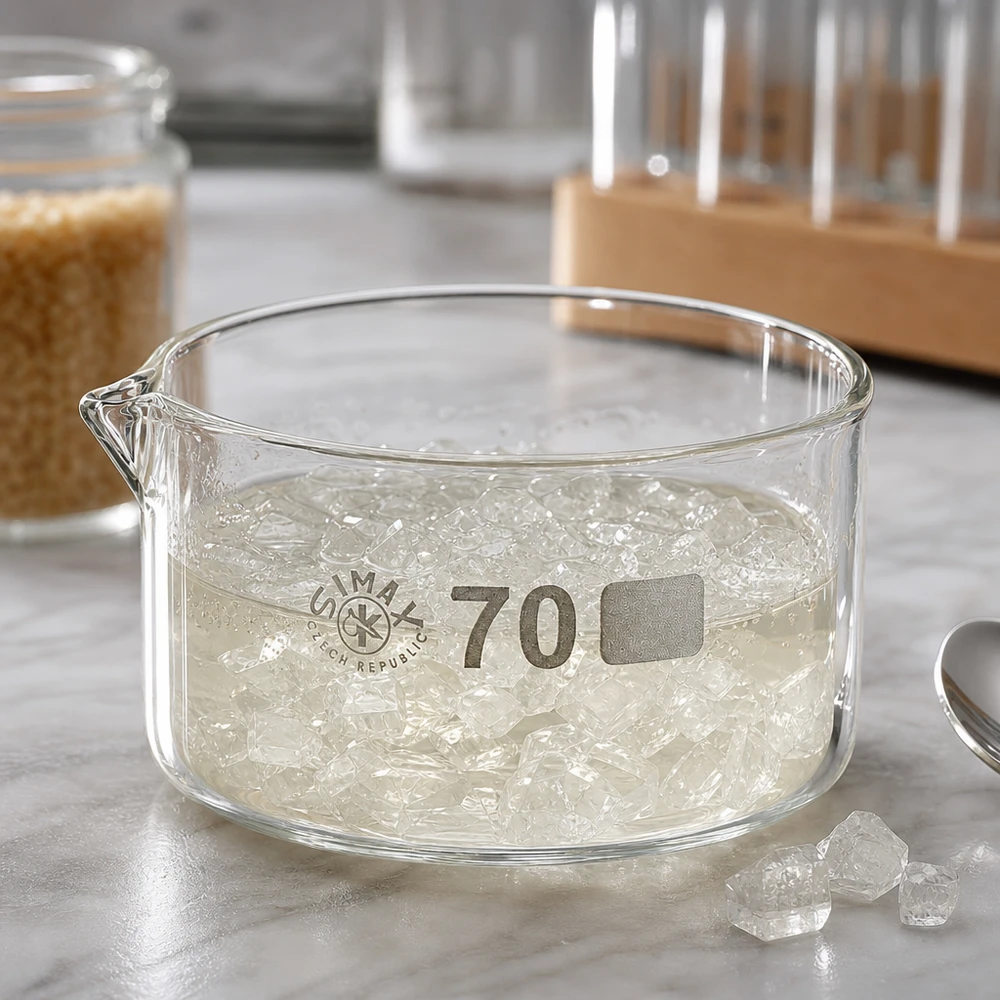 Lage glazen schaal met uitloop (ø 70 mm) en kristallen erin, in een keukenlaboratoriumomgeving