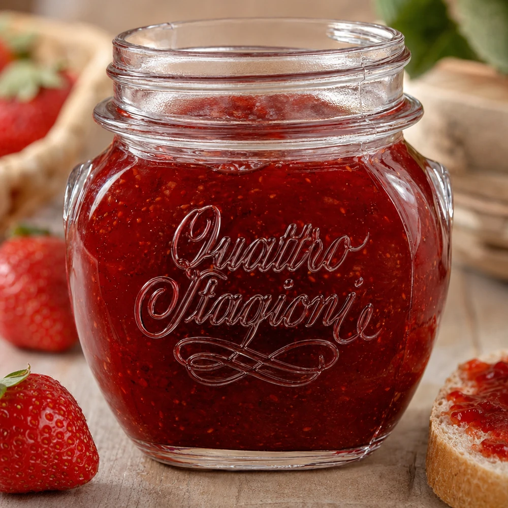 300ml huishoudglas "Quattro Stagioni" 300 ml Quattro Stagioni huishoudpot gevuld met aardbeienjam naast verse aardbeien en brood op houten tafel