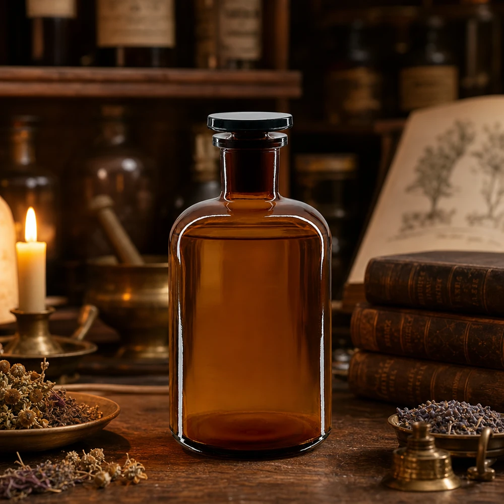 Apothekersfles 500 ml nauwe hals bruin glas incl. glazen stop Bruine laboratoriumfles 500 ml, ronde schouders, UV-bescherming, smalle hals, hermetisch afsluitbaar