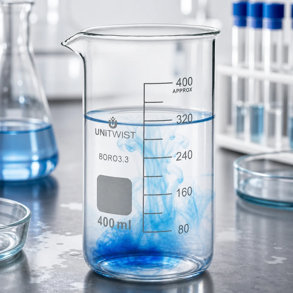 Beker 400ml borosilicaat, hoge vorm UNITWIST Geraffineerde laboratoriumbeker van 400 ml van borosilicaatglas met een blauwe inktwolk en een witte laboratoriumachtergrond