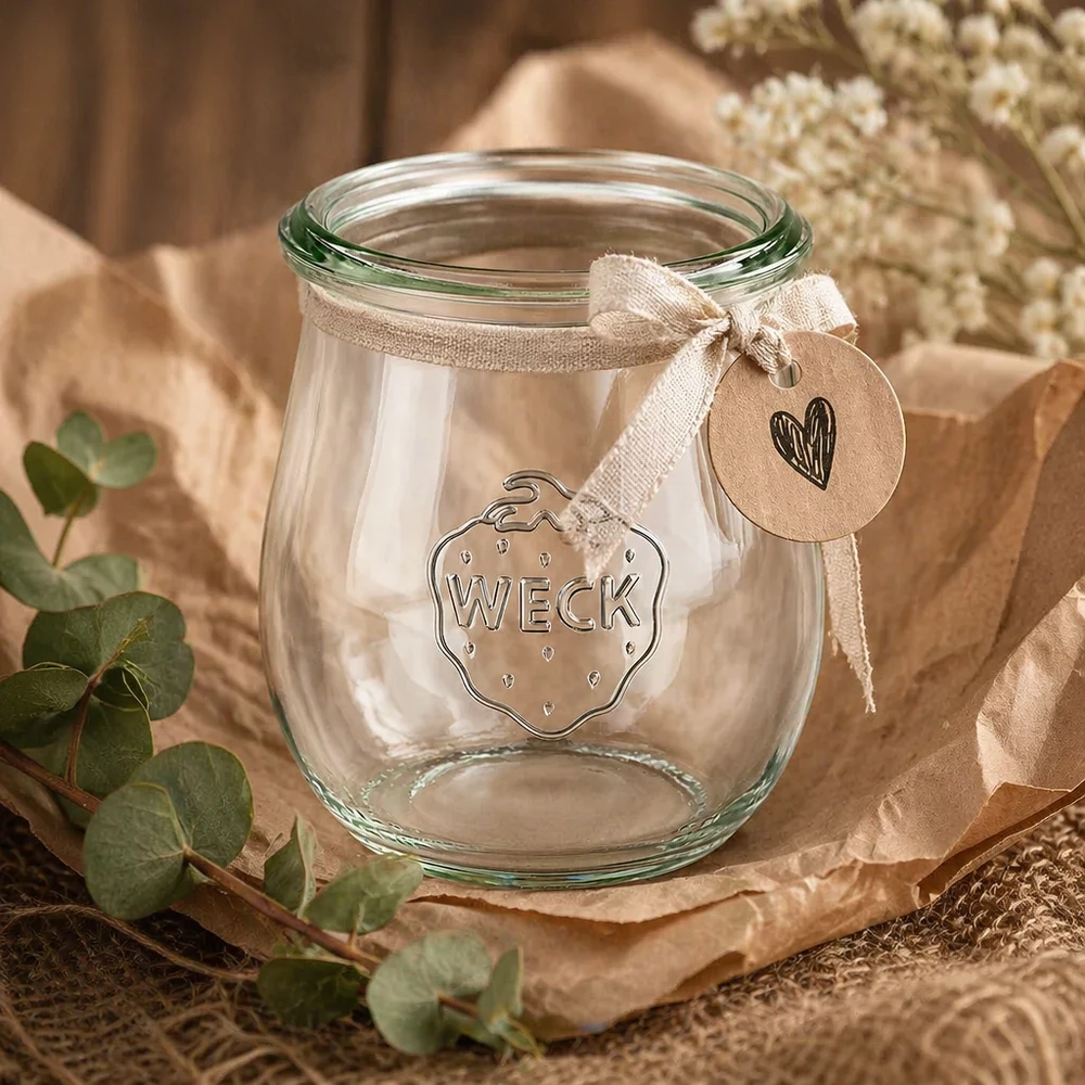 WECK tulpenpot 220ml RR60 decoratief met lint en hanger op natuurlijke eucalyptus decoratie
