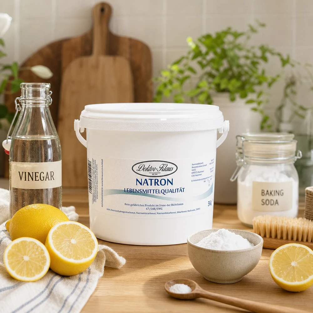 Doktor-Klaus Natron, 5kg in witte emmer, levensmiddelenkwaliteit Natron Doctor Klaus 5kg met citroenazijn en zuiveringszout voor een natuurlijke huishoudelijke reiniging